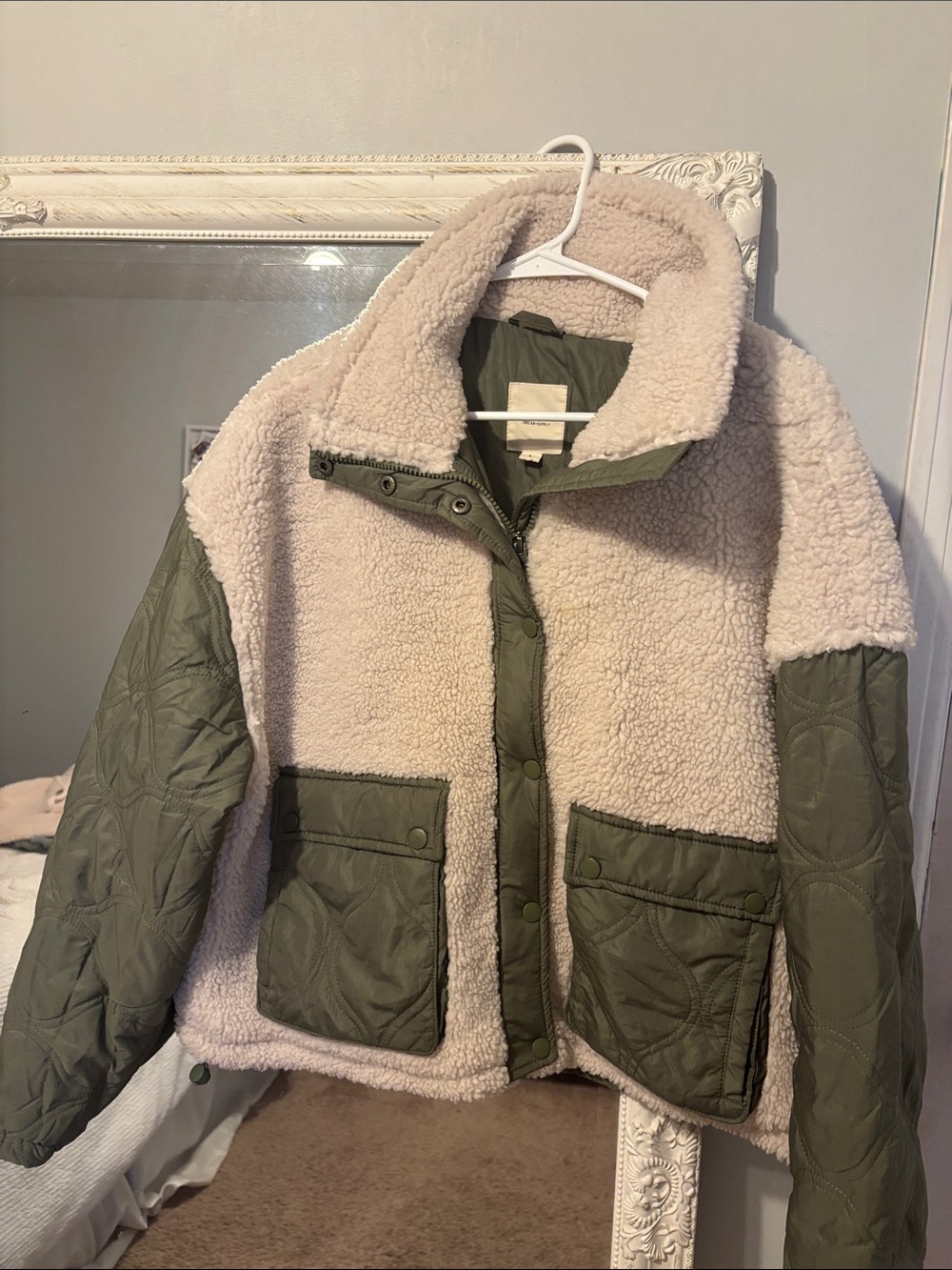 Thread & Supply Cream Sherpa Jacket with Olive Quilted Sleeves